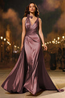 Load image into Gallery viewer, Gold Mermaid V-Neck Satin Long Formal Dress with Cape