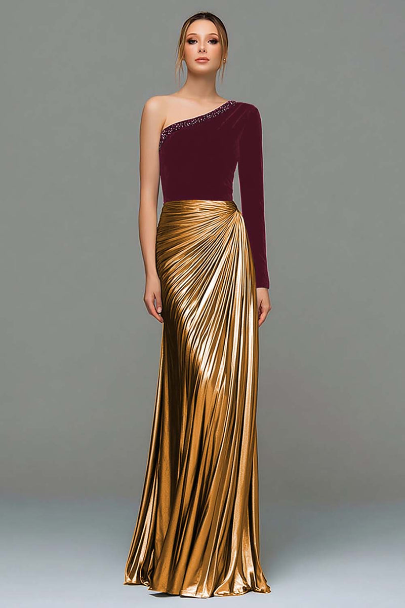 Load image into Gallery viewer, Sparkly Black and Grey One Shoulder Metallic Long Holiday Party Dress