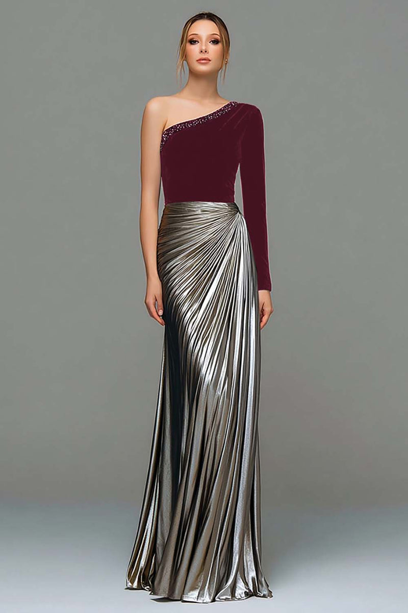 Load image into Gallery viewer, Sparkly Black and Grey One Shoulder Metallic Long Holiday Party Dress