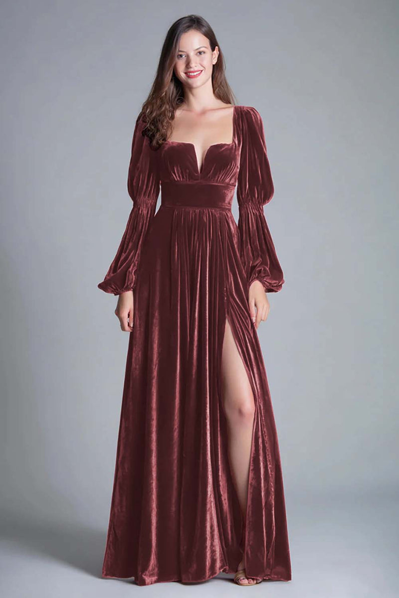 Load image into Gallery viewer, Burgundy A-Line Puff Sleeves Velvet Long Holiday Party Dress with Slit