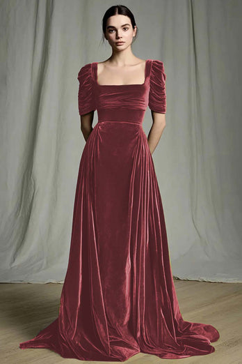 Olive A Line Velvet Square Neck Long Holiday Party Dress with Sleeves