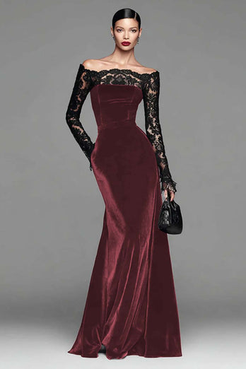 Burgundy Velvet Long Sleeves Mermaid Holiday Party Dress with Lace