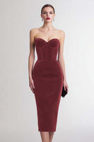 Load image into Gallery viewer, Burgundy Sweetheart Sheath Midi Velvet Corset Holiday Party Dress
