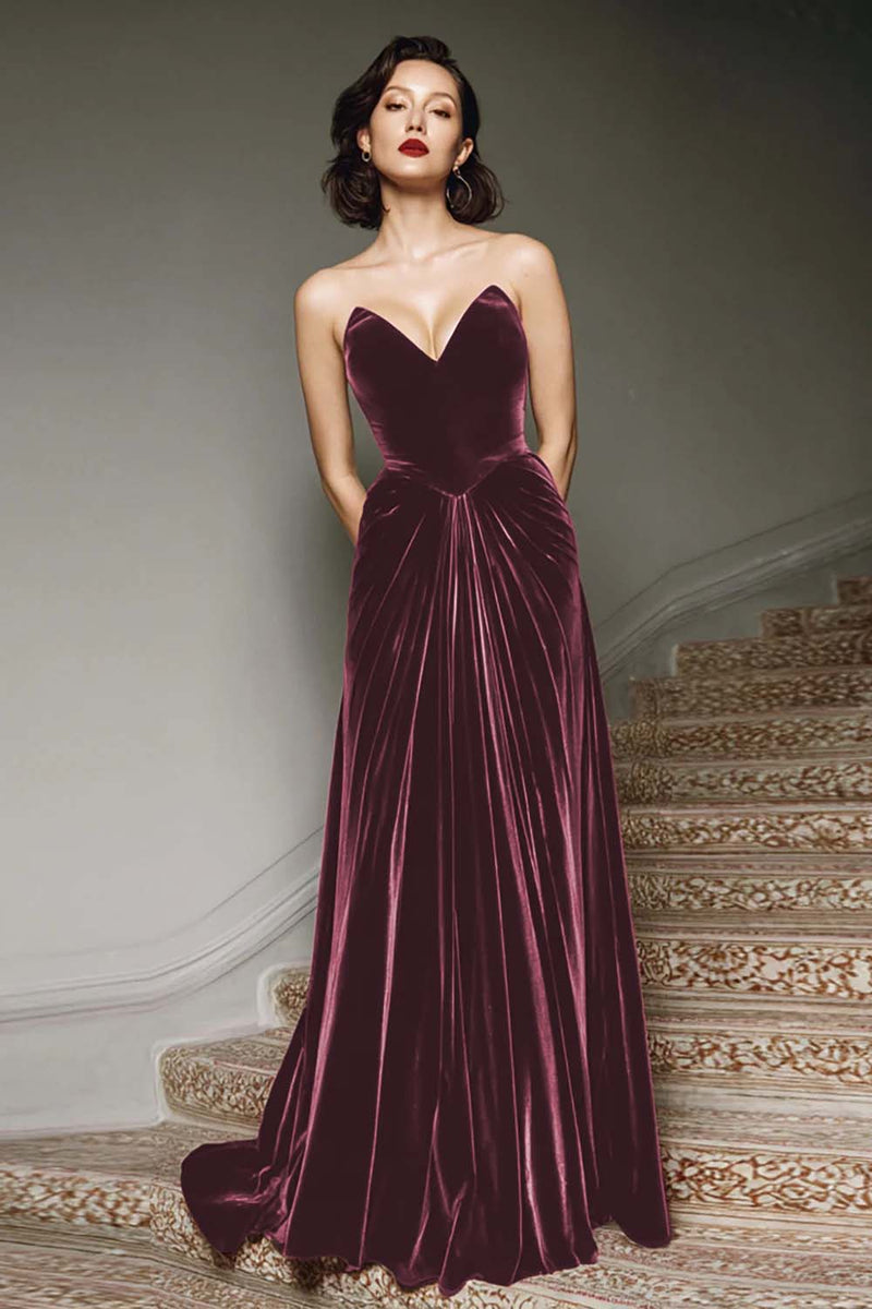 Load image into Gallery viewer, Burgundy Velvet A Line Sweetheart Long Formal Dress