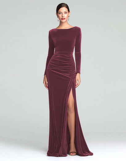 Burgundy Boat Neck Ruched Velvet Long Sleeves Holiday Party Dress