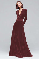 Load image into Gallery viewer, Dark Green A Line V-Neck Velvet Long Sleeves Holiday Party Dress
