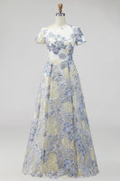Load image into Gallery viewer, Dusty Blue Floral Round Neck A Line Long Mother of the Bride Dress
