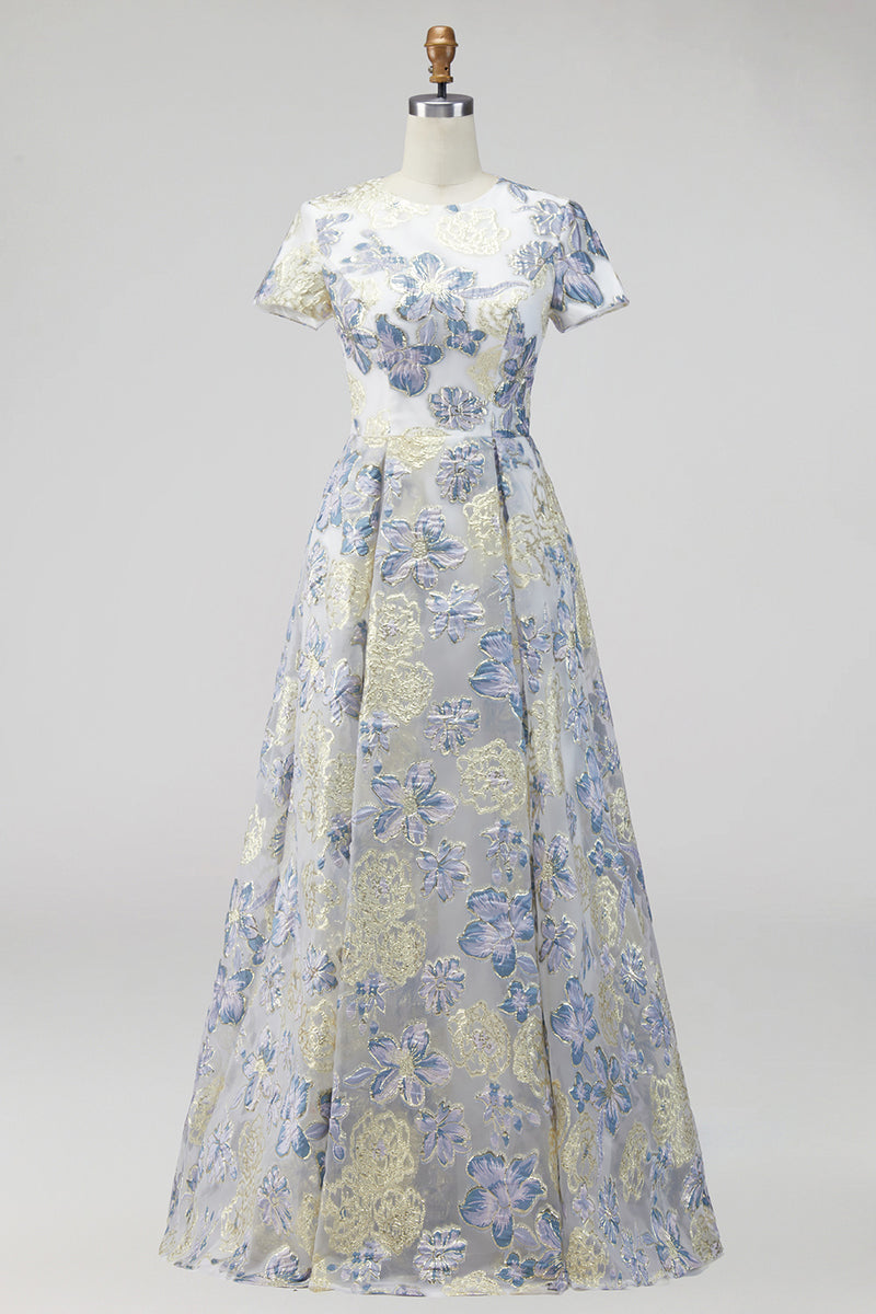 Load image into Gallery viewer, Dusty Blue Floral Round Neck A Line Long Mother of the Bride Dress