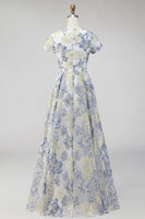 Load image into Gallery viewer, Dusty Blue Floral Round Neck A Line Long Mother of the Bride Dress