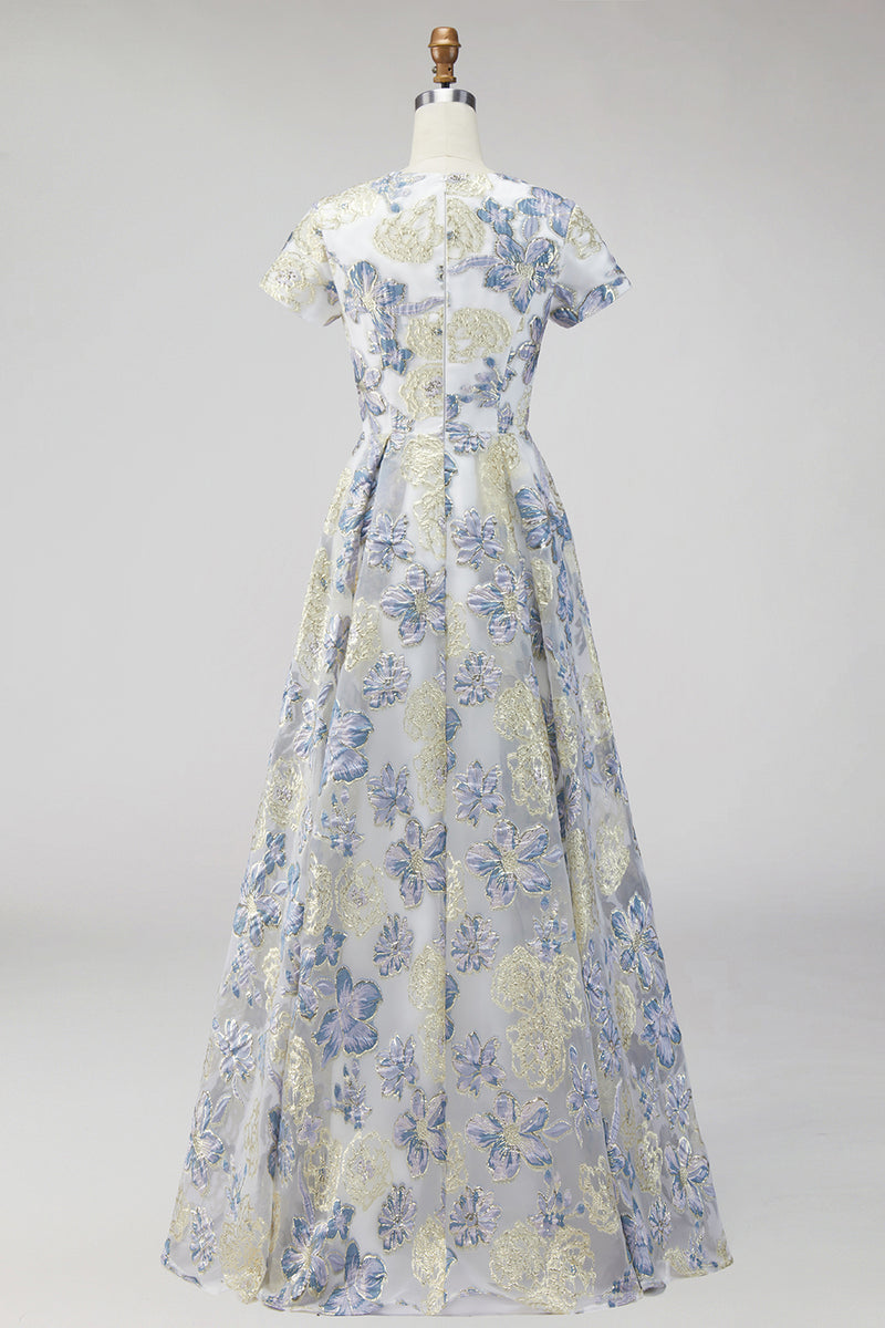 Load image into Gallery viewer, Dusty Blue Floral Round Neck A Line Long Mother of the Bride Dress