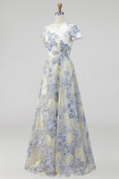 Load image into Gallery viewer, Dusty Blue Floral Round Neck A Line Long Mother of the Bride Dress