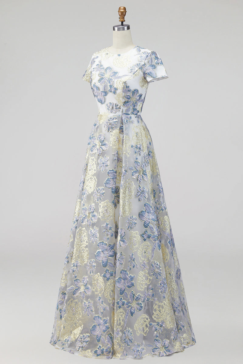 Load image into Gallery viewer, Dusty Blue Floral Round Neck A Line Long Mother of the Bride Dress