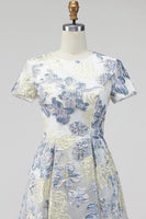 Load image into Gallery viewer, Dusty Blue Floral Round Neck A Line Long Mother of the Bride Dress