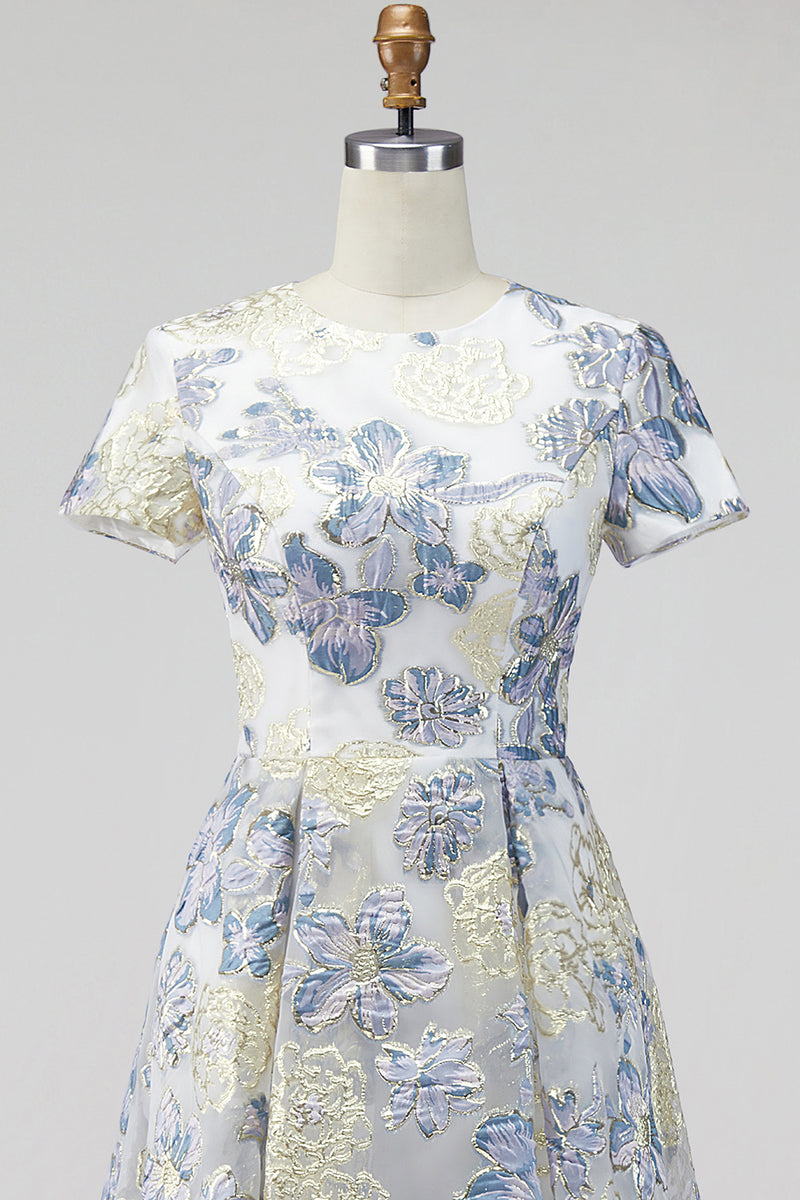 Load image into Gallery viewer, Dusty Blue Floral Round Neck A Line Long Mother of the Bride Dress