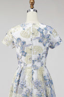 Load image into Gallery viewer, Dusty Blue Floral Round Neck A Line Long Mother of the Bride Dress
