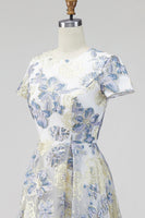 Load image into Gallery viewer, Dusty Blue Floral Round Neck A Line Long Mother of the Bride Dress