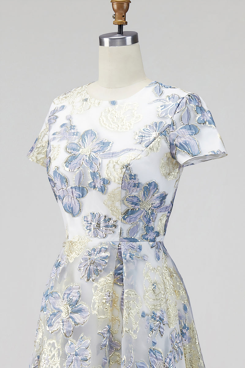 Load image into Gallery viewer, Dusty Blue Floral Round Neck A Line Long Mother of the Bride Dress