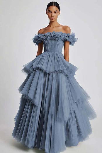 Dusty Sage Ball Gown Tulle Long Formal Dress with Ruffles