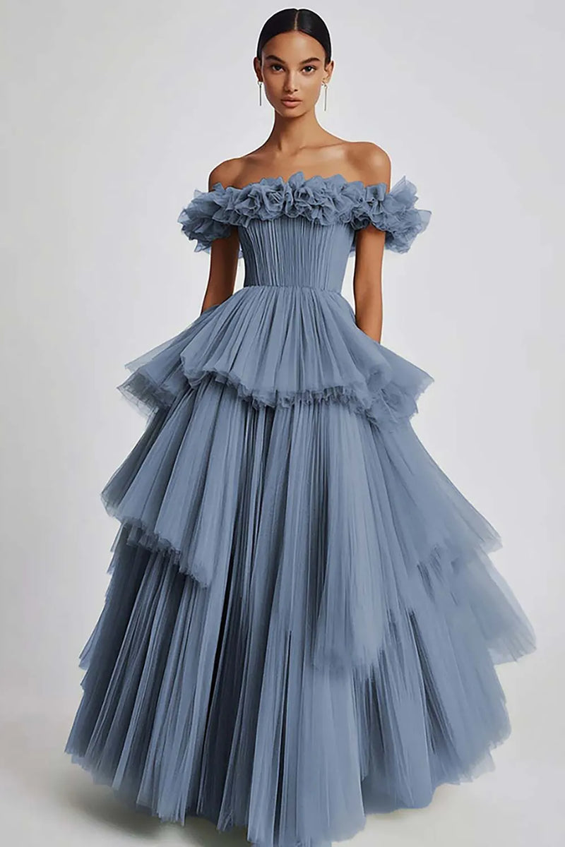 Load image into Gallery viewer, Dusty Sage Ball Gown Tulle Long Formal Dress with Ruffles