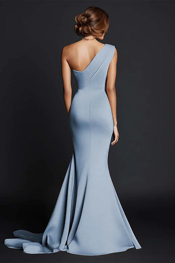 Elegant Khaki Ruched One Shouder Satin Long Formal Dress