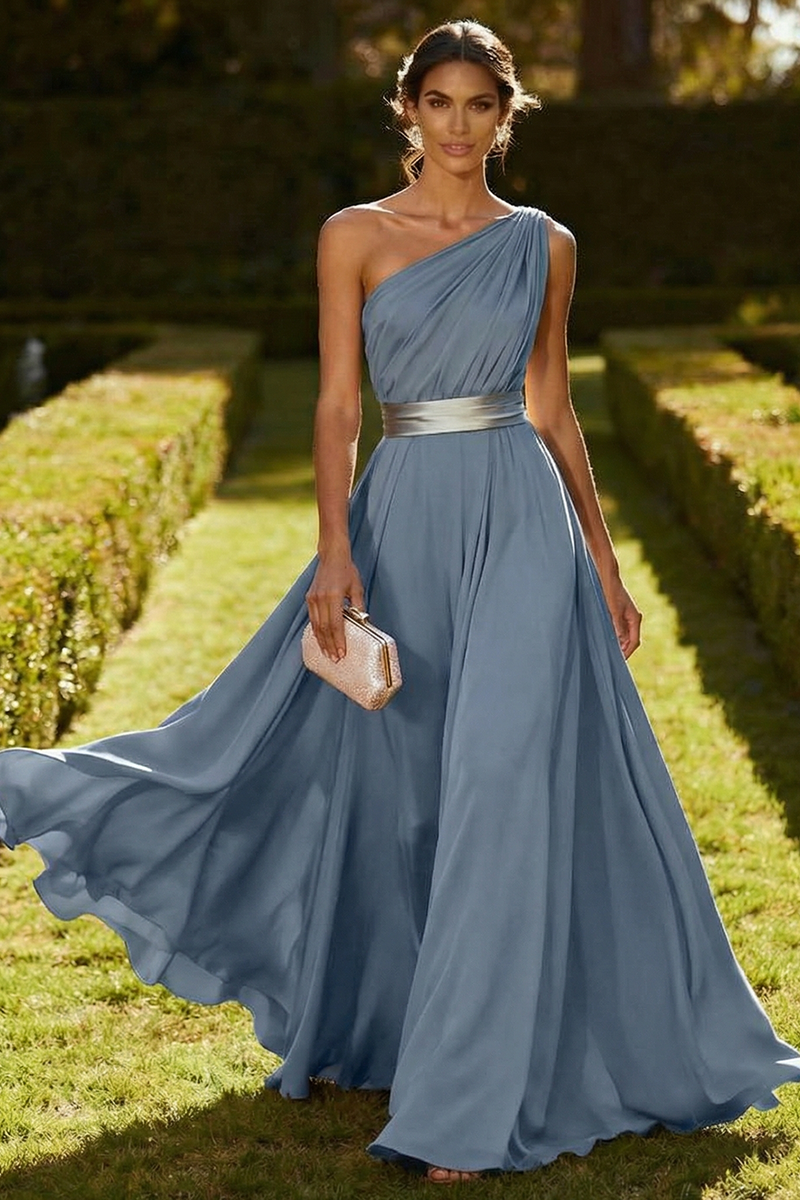 Load image into Gallery viewer, Olive Chiffon One Shoulder Ruched Long Formal Dress