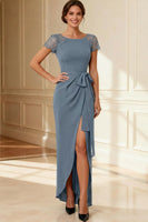 Load image into Gallery viewer, Sheath Navy Boat Neck Long Mother of the Bride Dress with Lace