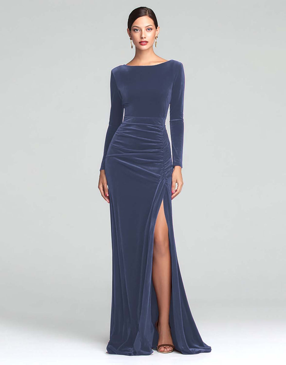 Load image into Gallery viewer, Burgundy Boat Neck Ruched Velvet Long Sleeves Holiday Party Dress