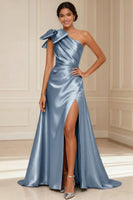 Load image into Gallery viewer, One Shoulder Silver A Line Long Mother of the Bride Dress with Bow