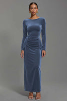 Load image into Gallery viewer, Navy Velvet Sheath Boat Neck Long Holiday Party Dress with Sleeves