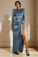 Load image into Gallery viewer, Satin Chocolate Round Neck Long Mother of the Bride Dress with Sash