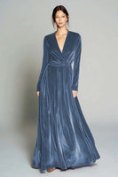 Load image into Gallery viewer, Brown Pleated Velvet A Line Long Sleeves Holiday Party Dress