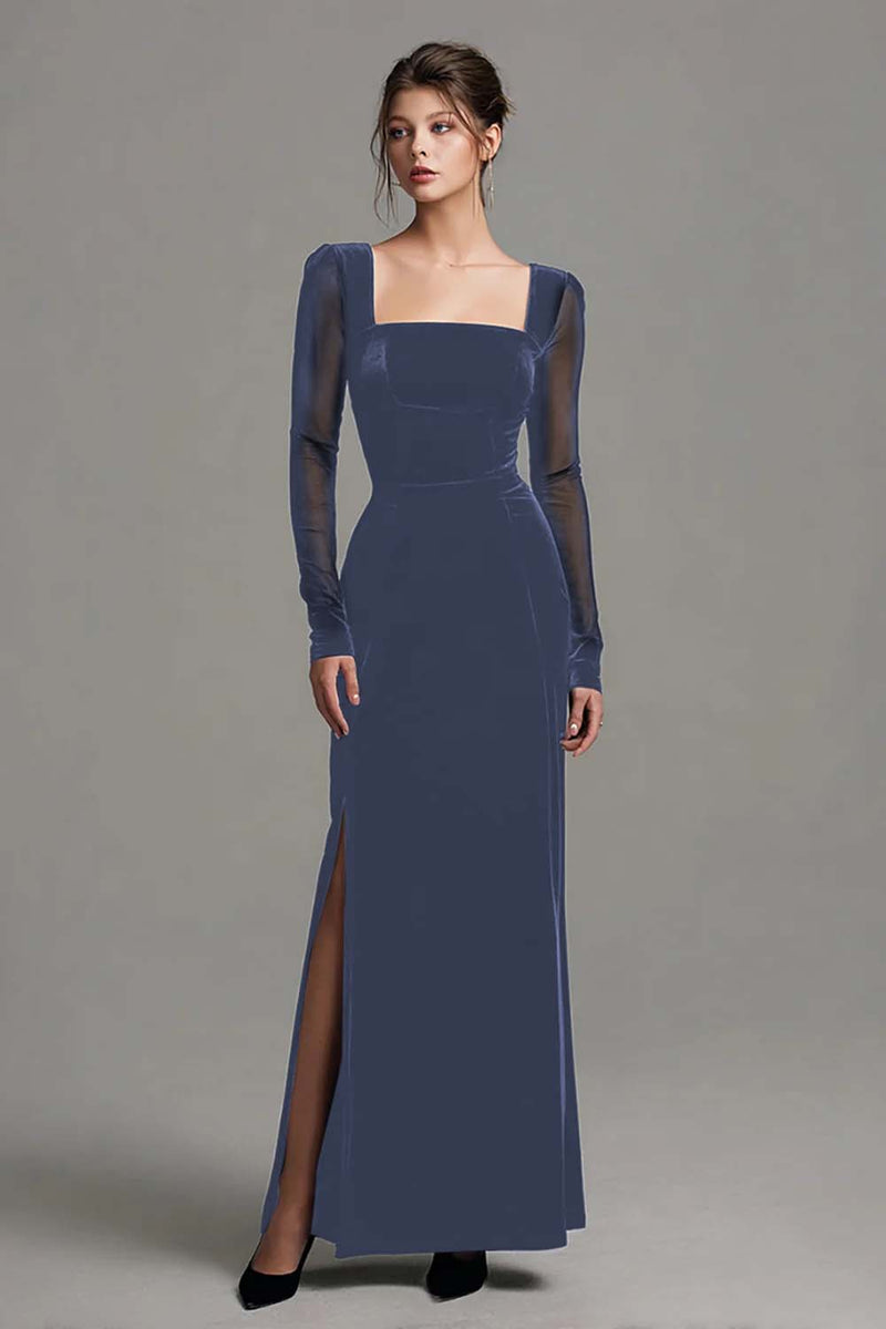 Load image into Gallery viewer, Black Velvet Sheath Long Sleeves Holiday Party Dress with Slit