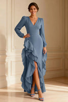 Load image into Gallery viewer, Purple V Neck Asymmetrical Ruffled Mother of the Bride Dress with Slit