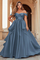Load image into Gallery viewer, Dark Green Off the Shoulder Satin Long Prom Dress with Ruffles