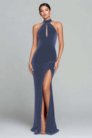 Load image into Gallery viewer, Burgundy Velvet Halter Keyhole Mermaid Maxi Holiday Party Dress with Slit