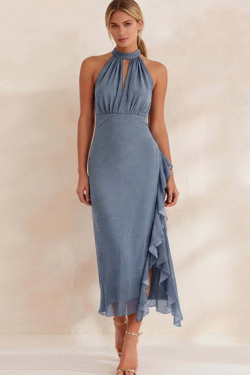 Load image into Gallery viewer, Navy Chiffon Ruffled Halter Ankle Length Work Dress with Slit