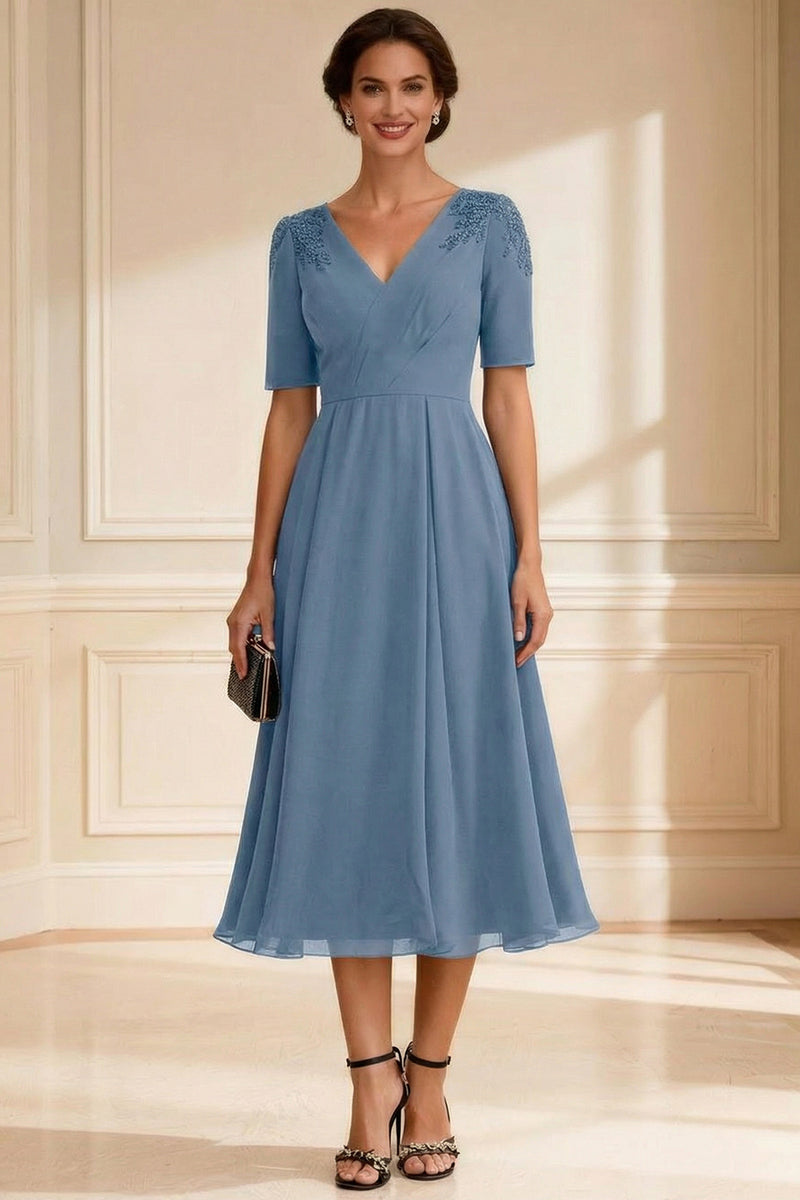 Load image into Gallery viewer, V-Neck Navy A-Line Midi Mother of the Bride Dress