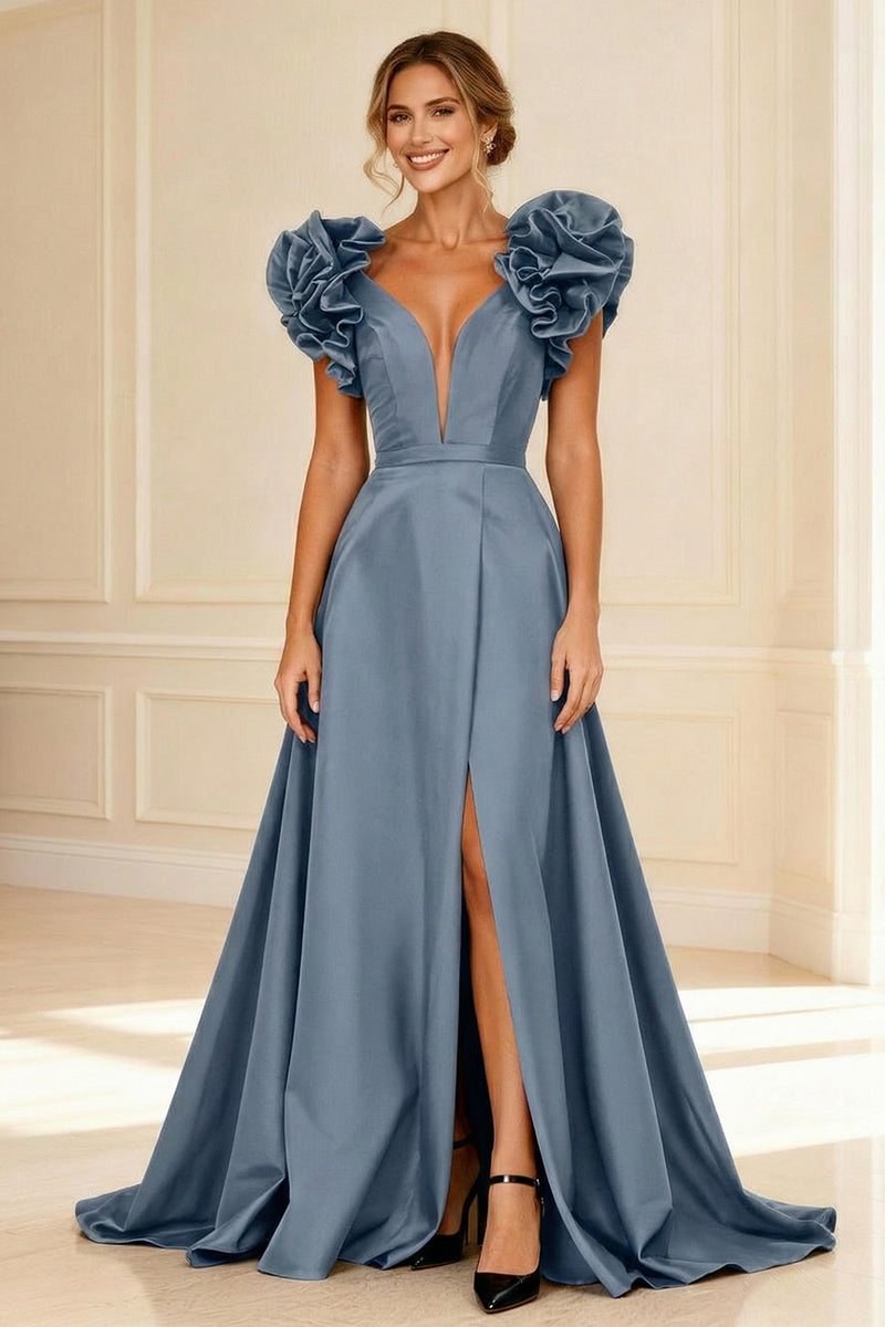 Load image into Gallery viewer, Black V-Neck A-Line Long Mother of the Bride Dress with Ruffles