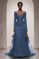 Load image into Gallery viewer, Dark Green Satin Sweetheart Mermaid Long Sleeves Formal Dress with Ruffles