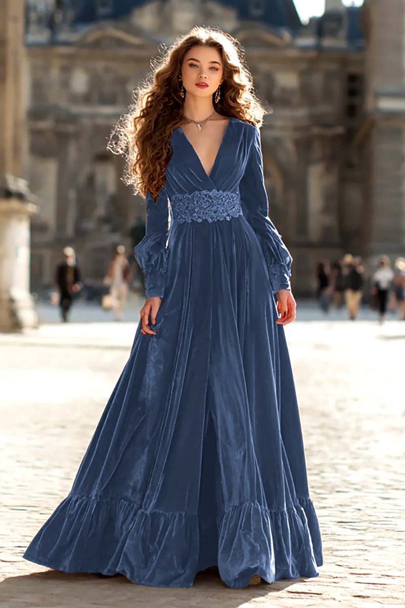 Load image into Gallery viewer, Brown A Line Maxi Velvet Holiday Party Dress with Sleeves