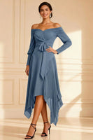 Load image into Gallery viewer, Brown Off the Shoulder Pleated Asymmetrical Mother of the Bride Dress