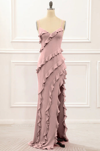 Dusty Sage Backless Spaghetti Straps Prom Dress With Slit