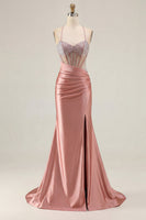 Load image into Gallery viewer, Sparkly Pink Mermaid Long Corset Prom Dress with Slit