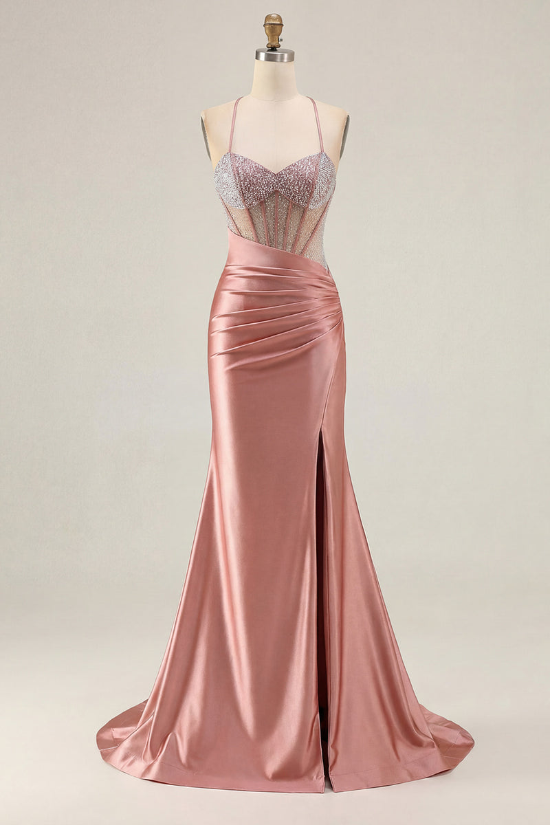 Load image into Gallery viewer, Sparkly Pink Mermaid Long Corset Prom Dress with Slit