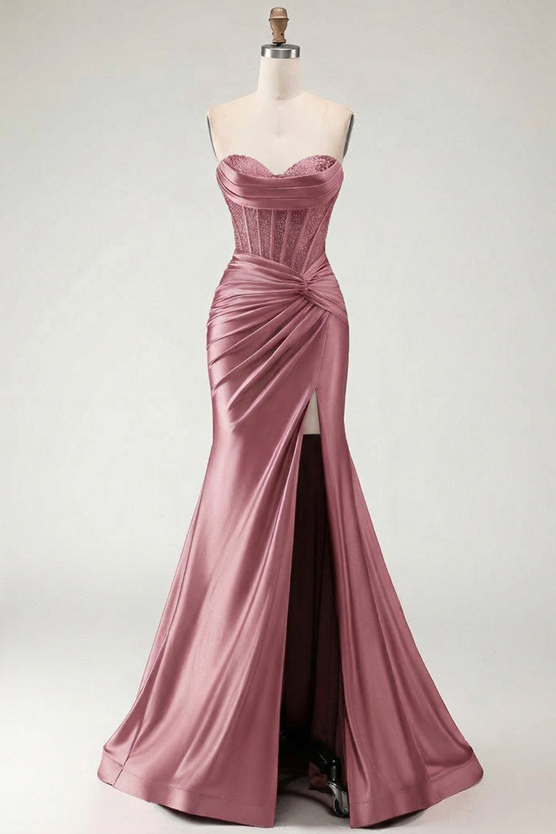 Load image into Gallery viewer, Burgundy Mermaid Satin Long Corset Prom Dress with Slit