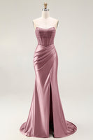 Load image into Gallery viewer, Sparkly Blush Strapless Mermaid Ruched Long Prom Dress with Slit