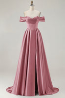 Load image into Gallery viewer, Blue A Line Off the Shoulder Satin Long Prom Dress with Slit
