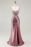 Load image into Gallery viewer, Sparkly Grey Pink Mermaid Satin Long Corset Prom Dress with Slit