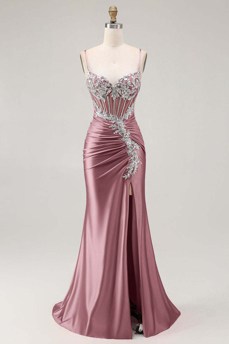 Load image into Gallery viewer, Sparkly Grey Pink Mermaid Satin Long Corset Prom Dress with Slit