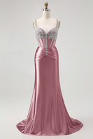 Load image into Gallery viewer, Sparkly Blush Mermaid Spaghetti Straps Satin Long Corset Prom Dress with Beading